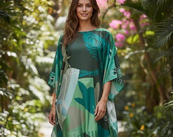 Green kaftan house dress, kaftan silk blend, luxury kaftan resort wear, vacation kaftan Dubai cruise holiday, gift for wife