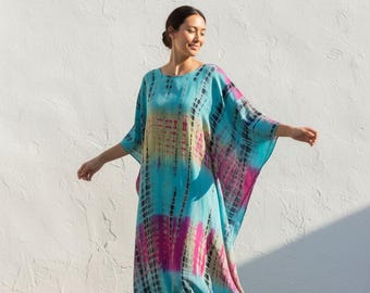 Saída de praia estilo caftan de algodão, modelo Miami azul, estilo resort, caftan tie-dye para férias de verão, tamanho único, comprimento personalizado, presente para ela.