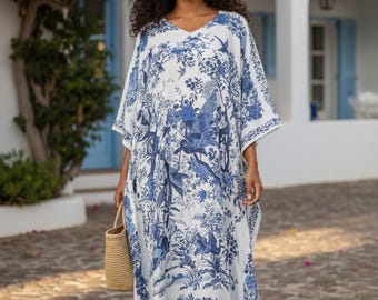 Blue Bird Garden Silk Beach Kaftan - Oversized Resort Wear Caftan Resort Wear- Vintage kaftan print- Free size custom made, gift for her