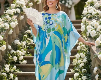 Blauer Kaftan am Strand Hochzeit, SANDY Resort Morgenmantel, Seide Sommer Luxus Robe, Free Size Kaftan, Kaftan für große Frauen, Geschenk für sie