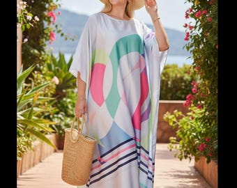 Pastel Abstract Silk Blend Kaftan: Resort Maxi Dress, Plus Size Resort Gown