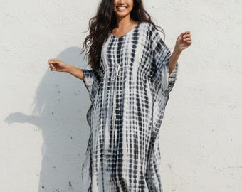 cotton kaftan beach dress cotton Hawaii, black white caftan tie dye , summer kaftan resort dressing gown, free size house dress cotton