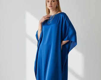 Blue Silk kaftan summer wear, resort kaftan silk, free size custom length, beach kaftan long length, resort kaftan holiday dress, vacation