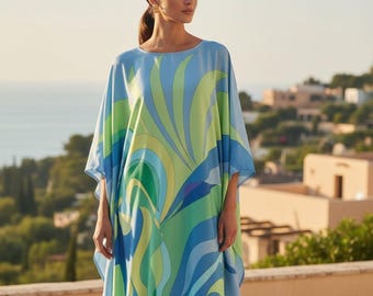 Blue Kaftan for Women: Abstract Print Resort and Beach Wear Maxi