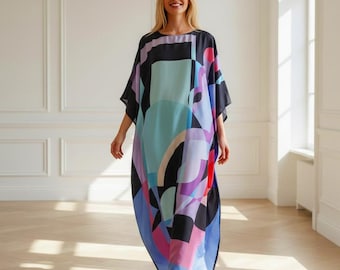 Resort kaftan silk blend, abstract print dress resort wear, summer lounge dress, plus size