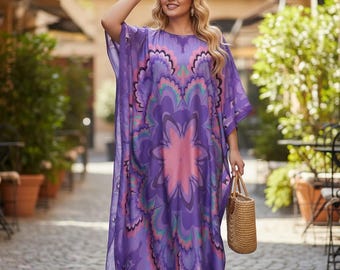 Blend silk kaftan summer, Happy caftan resort wear, plus size dressing gown, pool cover ups