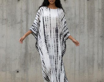 Ibiza kaftan cotton, caftan summer dress cotton, caftan beach dressing gown, black and white tie dye robe, for shorter women gift for sister
