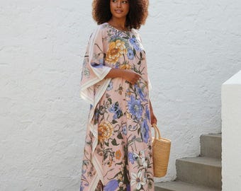 Silk kaftan floral dress, designer kaftan resort wear, silk lounge wear beach gown, cruise kaftan classy, gift for her