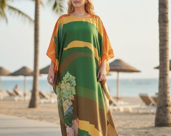 Silk kaftan Miami beach dress, Resort kaftan silk blend, Full length kaftan one size fit all, gift for her summer dress