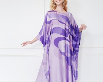 Wedding kaftan dress for guest, Purple caftan abstract print, summer lounge wear, plus size kaftan, gift for her