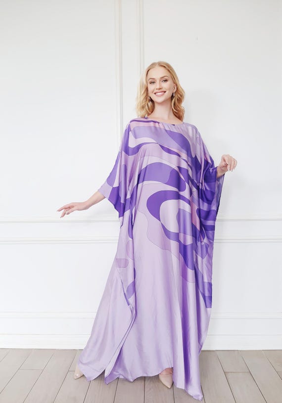 lavender plus size maxi dress Lavender Silk Blend Kaftan Dress, Abstract Print Maxi Gown, Plus Size Resort Wear