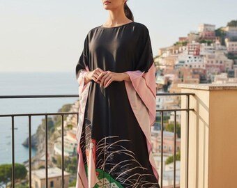 Black kaftan Japanese print, Blend silk caftan wedding dress for guest, classy cruise gown Dubai