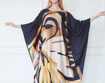 Black kaftan summer dress, blend silk kaftan resort wear, gift for her, long length kaftan custom made