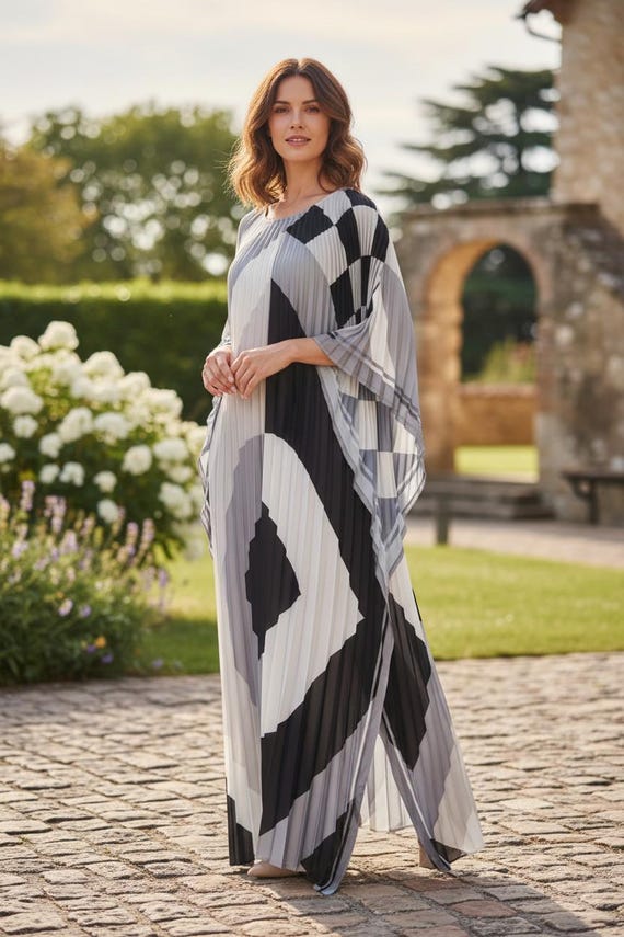 Pleated Kaftan Dress: Black & White Geometric Silk Blend Resort Wear