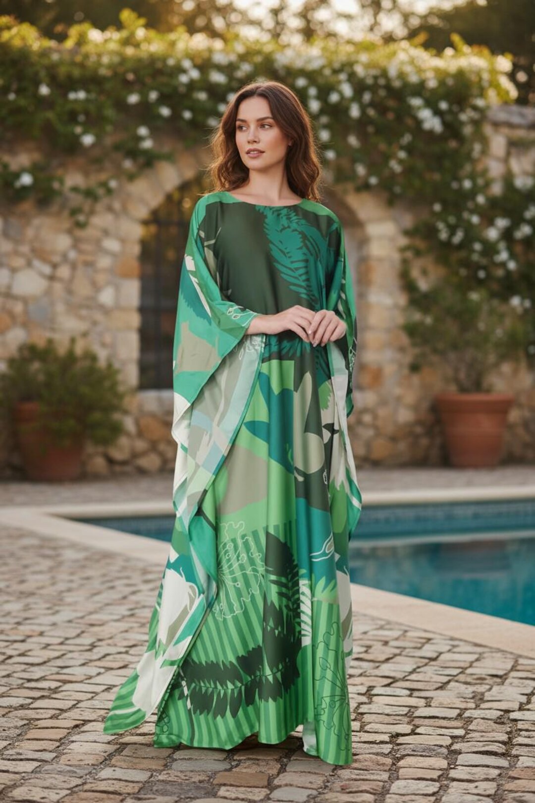 Green Garden Silk Kaftan Dress: Custom Plus Size Resort Wear
