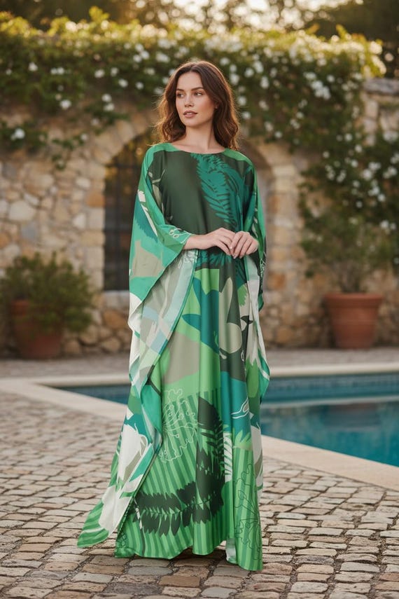 silk chiffon kaftan dress Green Garden Silk Kaftan Dress: Custom Plus Size Resort Wear