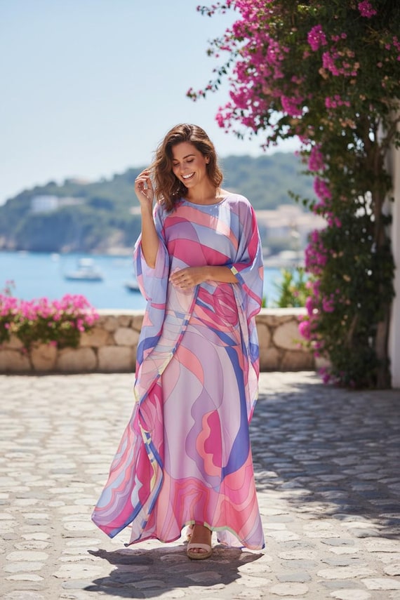 pink kaftan beach dress Blend Silk Dress, Abstract Print Resort Wear, Long Sleeves Kaftan Full Length, Gift for Her Neutral Options are Perfect a natural and ethereal magnetic closure pant Color:Gold/Pewter