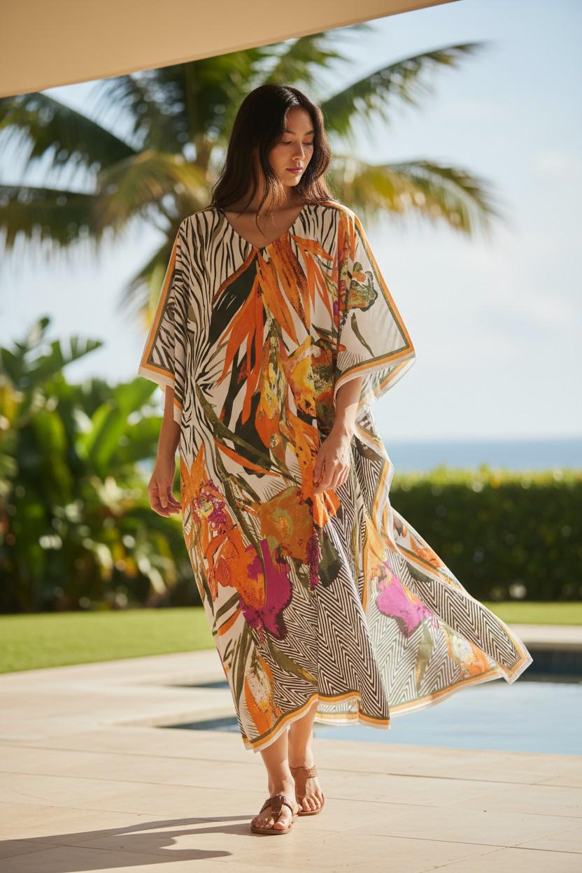 silk resort dress 100% Silk Printed Flared-Sleeve Travel Resort Maxi Dress, GREEN / XL