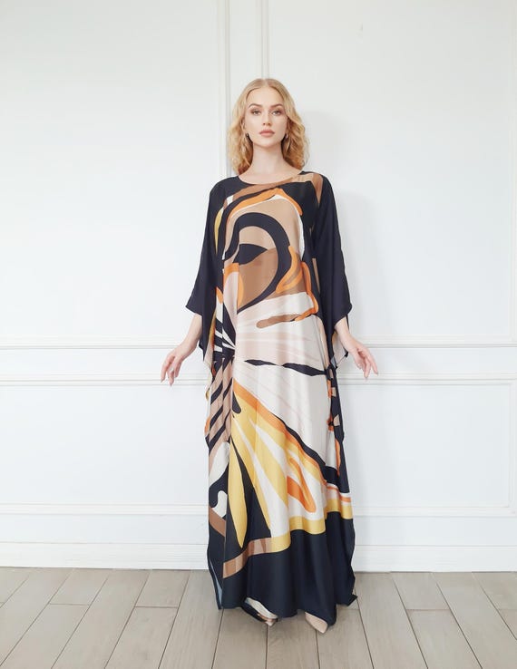 Butterfly kaftan silk blend, summer dressing gown, pool cover up, caftan for tall women, custom made, gift for her