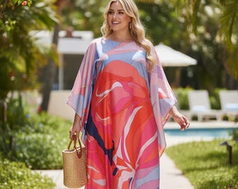Plus Size Kaftan Dress: Pink Rose Silk Blend Resort Wear
