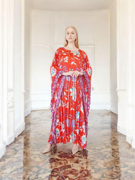 red and white kaftan dress Red Kaftan Floral Dress, Beach Wedding Party, Pleat Dressing Gown, House  Dress Summer