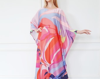Floral caftan summer dress wedding guest, red kaftan beach wear, resort Miami holiday gown