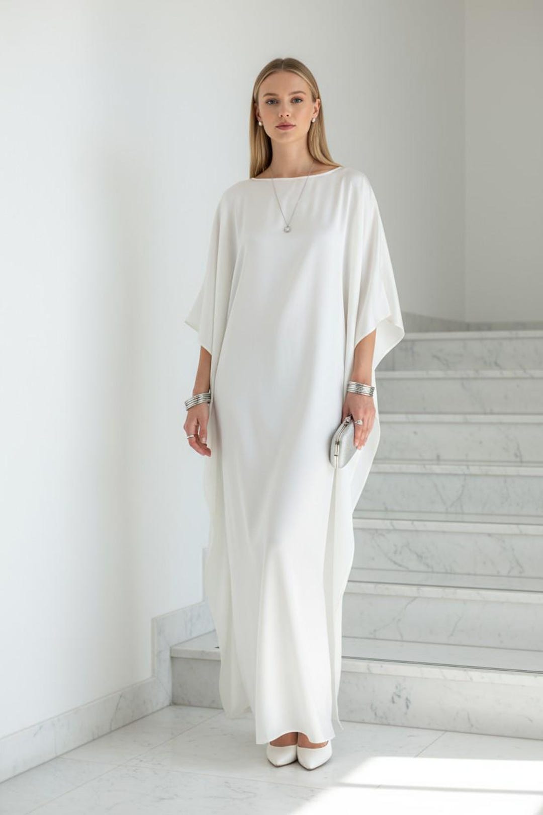 white silk kaftan dress Luxury White Kaftan Dress with Rich Gold Embroidered Neck Design