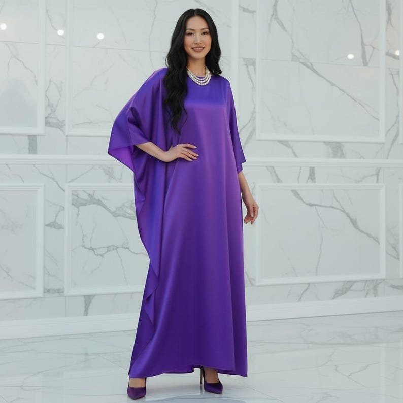 kaftan silk summer dress, formal kaftan royal purple, custom length long sleeves kaftan beach dress wedding, gift for her, resort caftan image 1