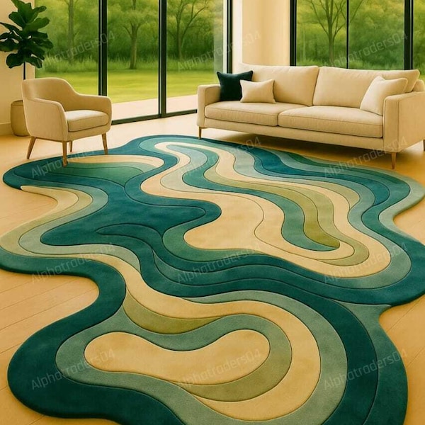 Hand Tufted Abstract Rug: Modern Teal Wave, Silky Microfiber