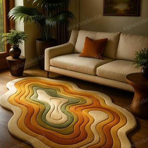 Puede incluir: Una alfombra abstracta en tonos beige, amarillo, naranja y verde, con un diseño en capas. La alfombra está sobre un suelo de madera oscura frente a un sofá beige. La habitación también cuenta con una pintura y plantas en macetas.