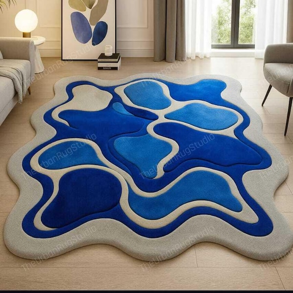Abstract Blue Area Rug | Irregular Modern Soft Carpet