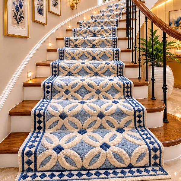 Blue Geometric Stair Runner Carpet, Luxury Interlocking Ring Staircase Rug