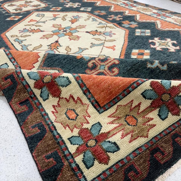 Hand Knotted Wool Rug | Navy Blue Rust Geometric Kazak Style Area Carpet