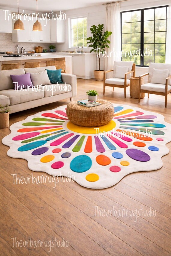 Bunter abstrakter unregelmäßiger runder Teppich - Boho Sunburst Teppich, künstlerisches Wohnzimmer-Bodendekor