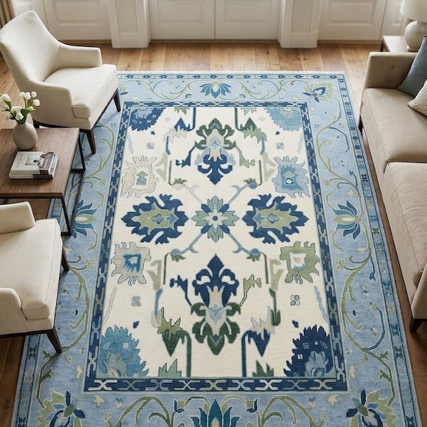 Hand Knotted Oushak Wool Rug, Light Blue Floral Oriental Carpet