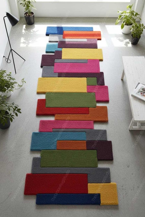 Geometric Runner Rug – Colorful Abstract Blocks, Modern Hallway Carpet