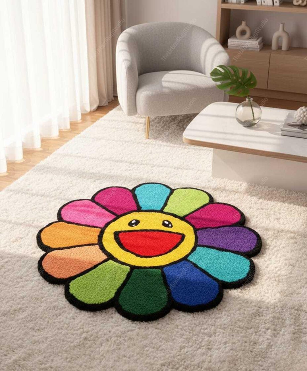 Hand Tufted Smiley Flower Rug | Rainbow Accent Carpet, Kids Decor - Etsy