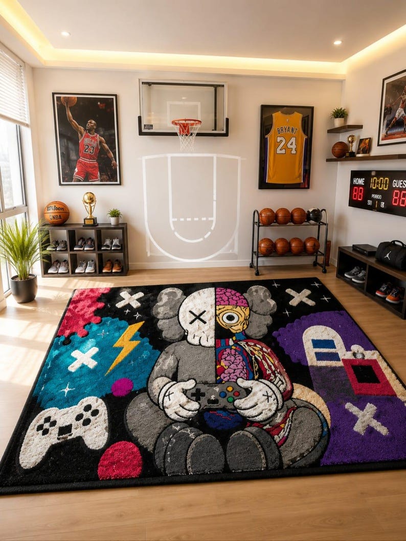 Puede incluir: Una alfombra rectangular que presenta un personaje con dise&ntilde;o dividido, con un lado gris y el otro mostrando detalles anat&oacute;micos. La alfombra incluye un mando de juego blanco, un rayo amarillo y detalles morados sobre un fondo negro.