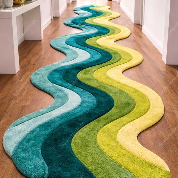 Wavy Hallway Runner Rug | Modern Abstract Design, Teal Green Yellow