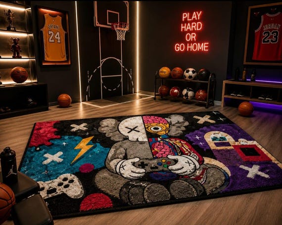 Gaming Rug, Gamer Room Decor, Tufted Carpet, Controller Artwork, Street Art Style