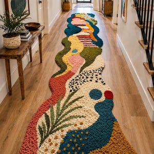Könnte beinhalten: Ein farbenfroher, abstrakter Läuferteppich mit einem wellenförmigen Design. Der Teppich weist eine Vielzahl von Farben auf, darunter Rot, Grün, Blau und Gelb, mit einem strukturierten, getufteten Aussehen. Der Teppich ist etwa 3 Meter lang und liegt auf einem Holzboden.