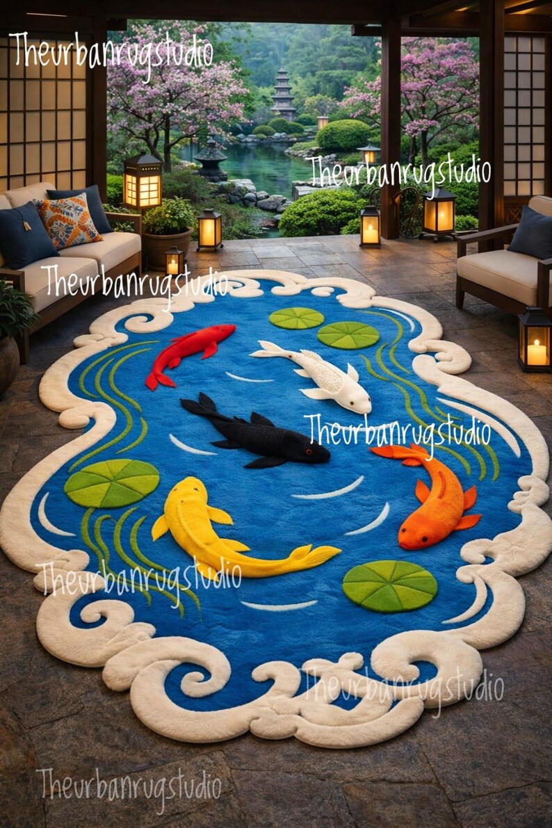 Red Koi Rug Hand Tufted Koi Fish Rug – Irregular Pond Shape, 3D Artistic Carpet for ...