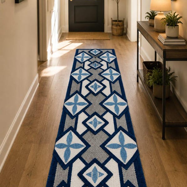 Handmade Tufted Geometric Runner Rug | Blue Scandinavian Hallway Carpet, Plush Entryway Decor