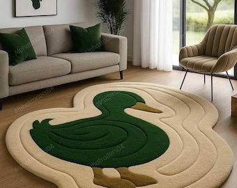 Handgeknüpfter Wollteppich mit grüner Ente - Einzigartiger Teppich für das Kinderzimmer, Kinderzimmer oder Lounge