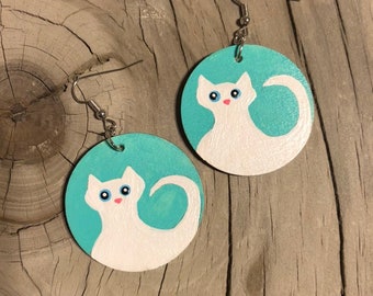 White Cat Earrings- aqua