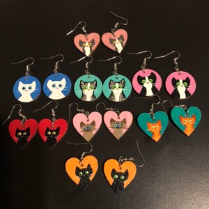 Itty Bitty Kitty Cat Earrings, Cat Dangle Earrings for pierced ears.  Earrings for Women, Cat art jewelry, Heart shaped earrings