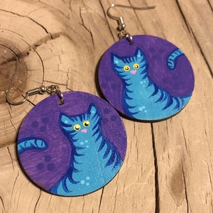 Blue Cat Earrings, Cat Dangle Earrings, Colorful Earrings, earrings for women, Blue Tabby Earrings, Tabby Cat Art