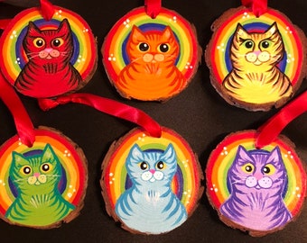 Set of Six Rainbow Cat Ornaments