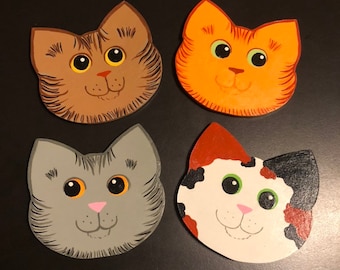 Cat Face Coasters, set of Four, Fun Feline Drink Accessories, gift for cat lovers, hostess gifts
