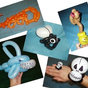 May include: A collection of balloon animals, including a scorpion, a snake, a spider, a whale, and a skull. The animals are made from colourful balloons and are arranged in a collage.